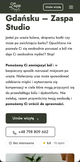 Realizacja Studio Orange – strona Zaspa Studio (widok mobile)