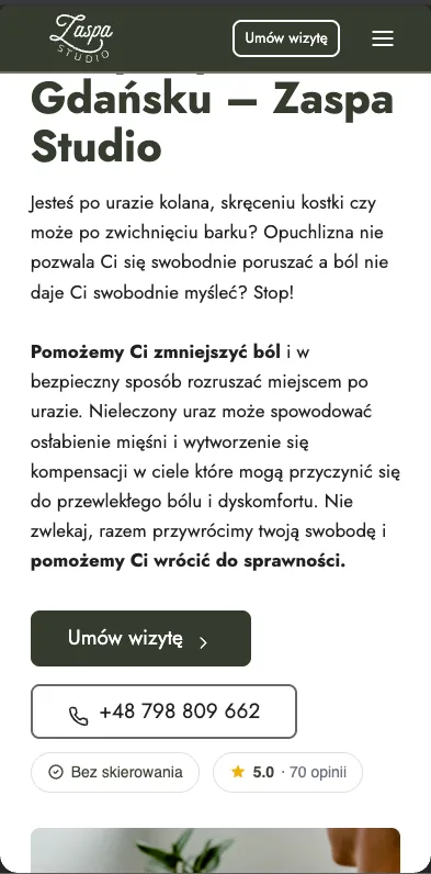 Realizacja Studio Orange – strona Zaspa Studio (widok mobile)